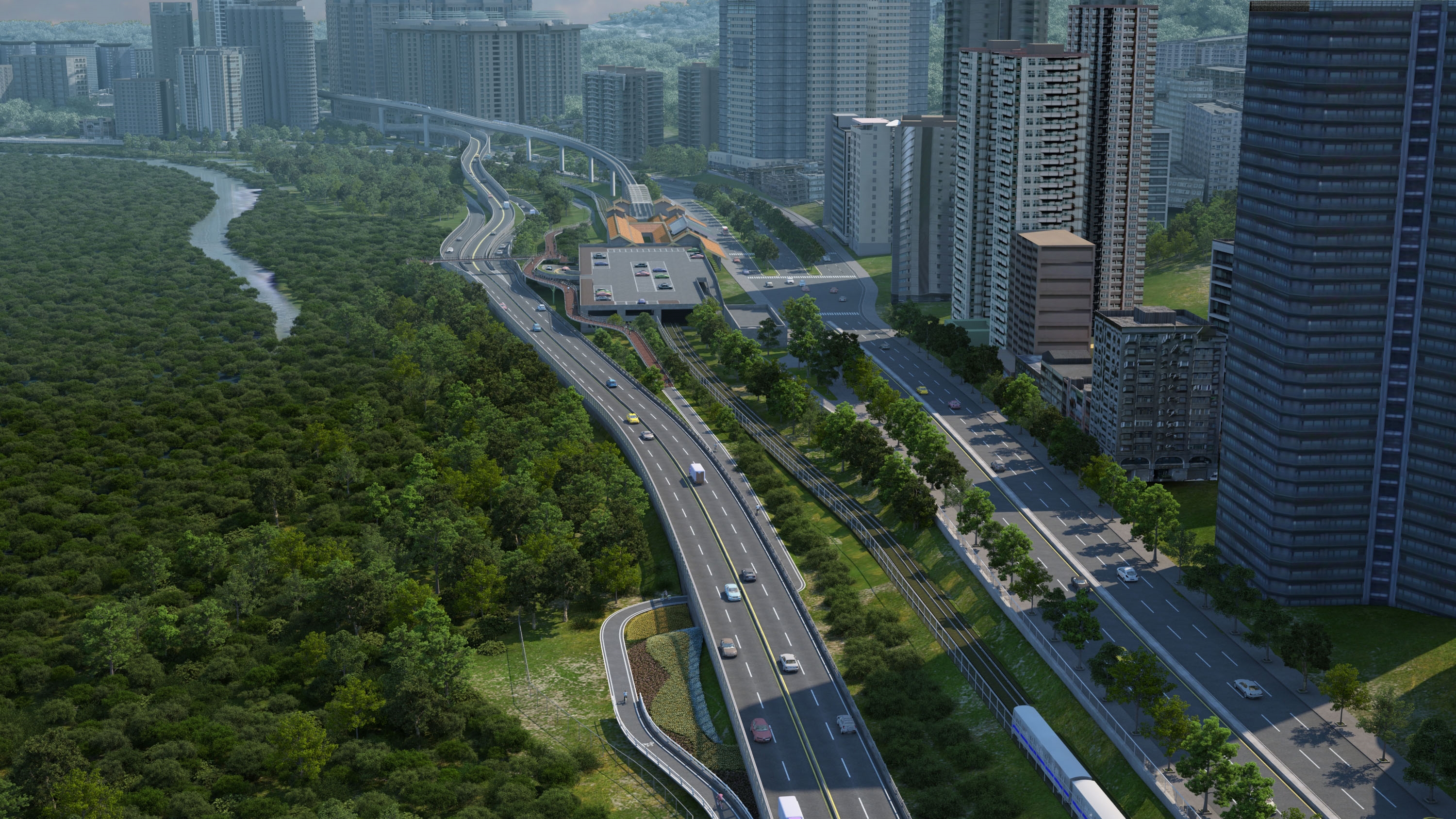 淡北道路完工模擬圖，在紅樹林捷運站後方與河岸灘地之間新建4個平面車道。