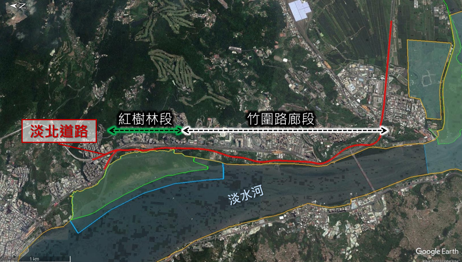 淡北道路路線避開紅樹林保留區域平面圖